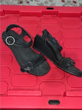 SAS Black Suede Wedge Sandals with Buckle Detail